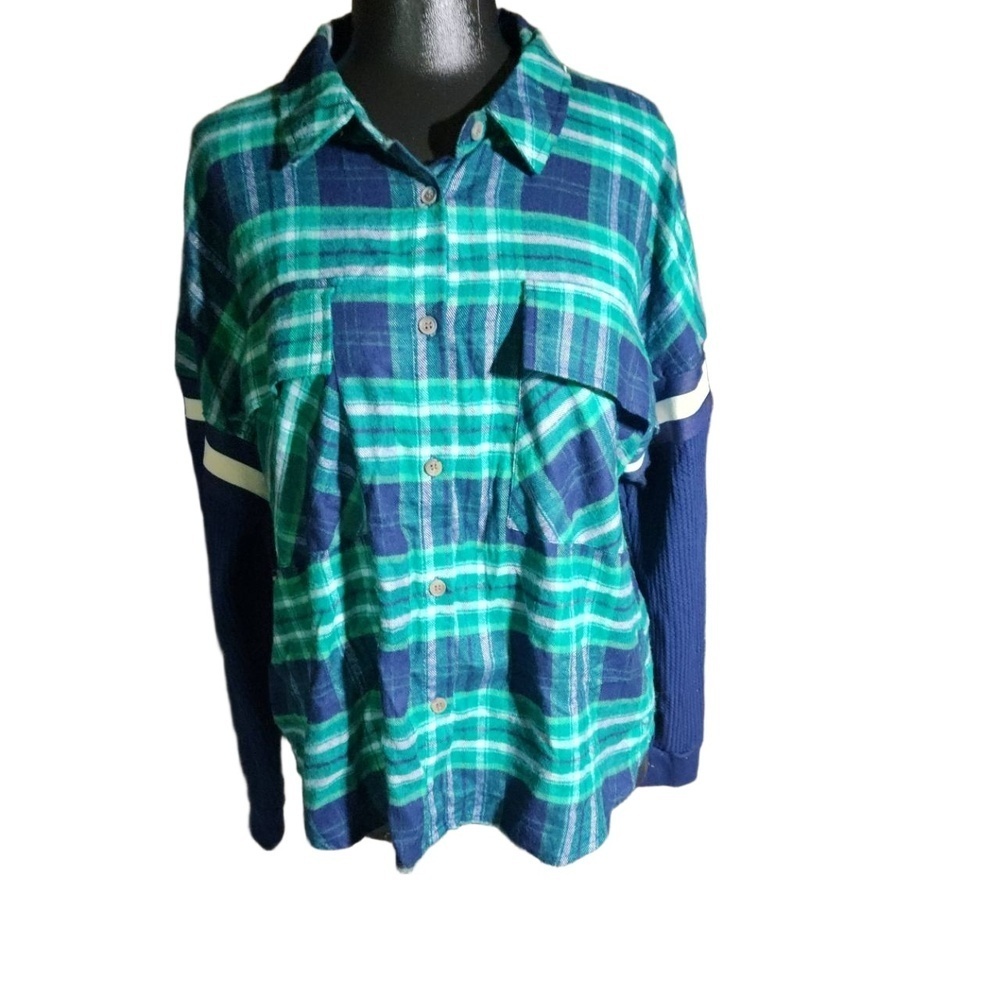 SO Plaid Button Down Shirt Green Navy Long Sleeve Large
